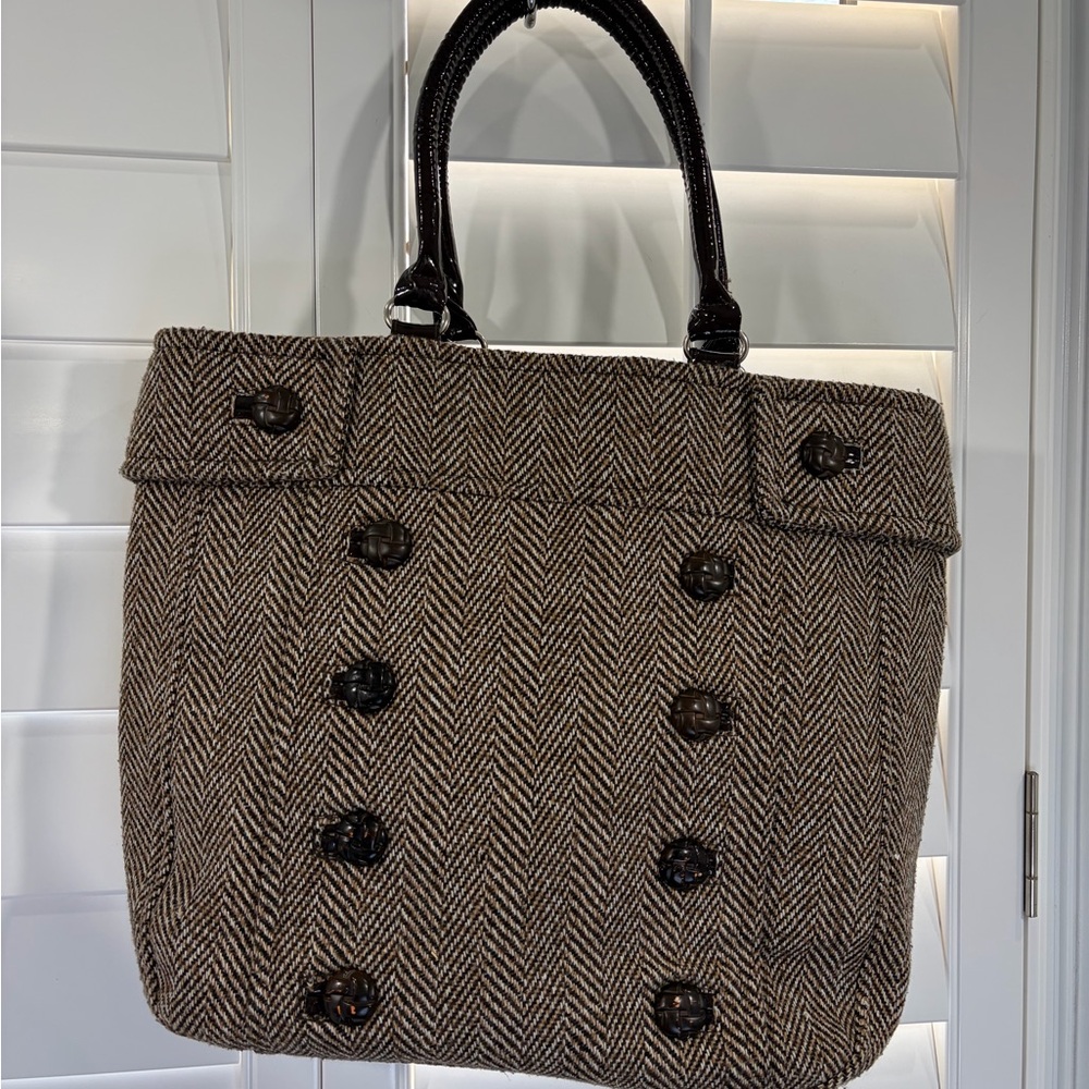 Herringbone Tote Bag with Button Accents